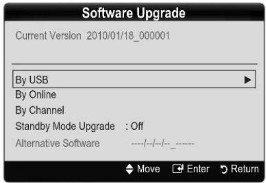 Software Upgrade Current Version 2010/01/18_000001 By USB By Online By Channel Standby Mode Upgrade : Off Alternative Software ----/--/--/----_ Move Enter Return