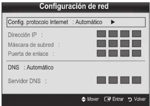 Configuración de red Config. protocolo Internet : Automático ▶ Dirección IP : Máscara de subred : Puerta de enlace : DNS : Automático Servidor DNS :