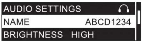AUDIO SETTINGS NAME ABCD1234 BRIGHTNESS HIGH