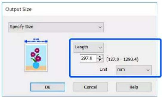 Output Size Specify Size Length 297.0 (127.0 - 1293.4) Unit mm OK Cancel Help