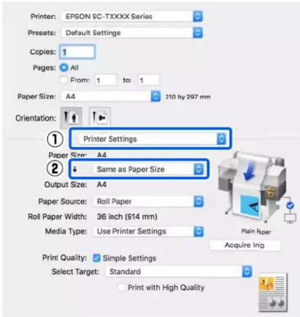 EPSON SCT3100M - Sélectionnez Printer Settings (Paramètres imprimante) dans la liste, puis configurez Output Size (Taille de sortie). - 1
