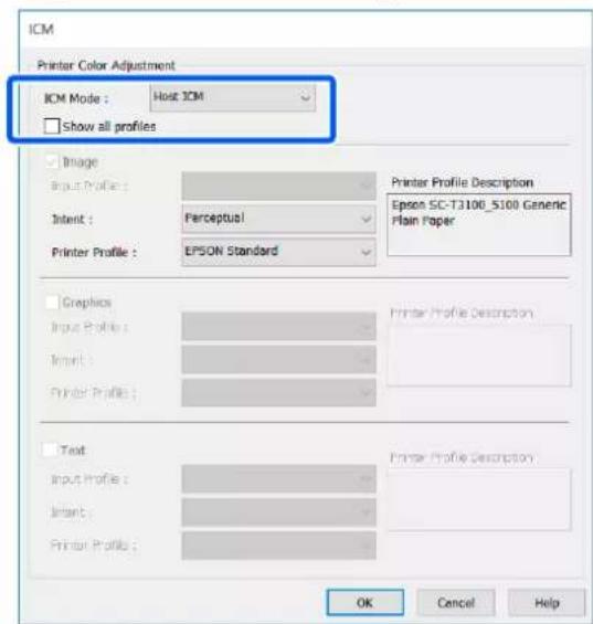ICM Printer Color Adjustment ICM Mode : Host ICM Show all profiles Image Input Profile : Perceptual Intent : EPSON Standard Printer Profile Description Epson SC-T3100_5100 Generic Plain Paper Graphics Input Profile : Printer Profile Description Insert : Printer Profile : Text Input Profile : Printer Profile Description Insert : Printer Profile : OK Cancel Help