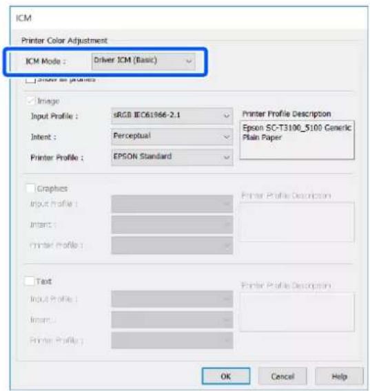 ICM Printer Color Adjustment ICM Mode : Driver ICM (Basic) Primer to printer Image Input Profile : sRGB IEC61966-2.1 Intent : Perceptual Printer Profile : EPSON Standard Printer Profile Description Epson SC-T3100_5100 Generic Plain Paper Graphics Input Profile : Intent : Printer Profile : Printer Profile Description Text Input Profile : Intent : Printer Profile : Printer Profile Description OK Cancel Help
