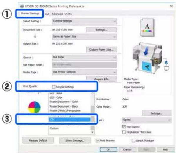 EPSON SC-TX0XX Series Printing Preferences ① Printer Settings KAT Advanced Utility Select Setting : Current Settings Document Size : At 210 x 297 mm Settings... ↓ Same as Paper Size Output Size : At 210 x 297 mm Custom Paper Size... Source : Roll Paper Roll Paper Width : 500000 mm Media Type : Use Printer Settings Acqure Info. Print Quality : □ Sample Settings GDS - Color Poster/Document - Color Poster/Document - Black Poster (Photo)/Perspective Print Mode : Color Color Mode : ICM Vol : Custom Settings... Speed High Speed Imphasia Thin Lines Custom Default Show Settings Print Preview Layout Manager OK Cancel Help