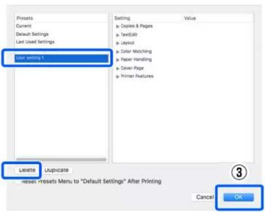 Preset Current Default Settings Last Used Settings User setting 1 Setting Value ► Copies & Pages ► TextEdit ► Layout ► Color Matching ► Paper Handling ► Cover Page ► Printer Features Delete Duplicate Reset Presets Menu to "Default Settings" After Printing Cancel OK