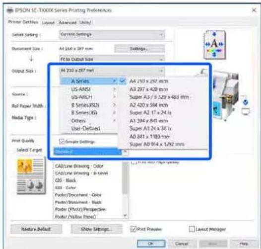 EPSON 5C.T-XXXX Series Printing Preferences Printer Settings Layout Advanced Utility Select setting : Current Settings Document Size A4 210 x 267 mm Settings... Output Size A4 230 x 267 mm A Series US-ANSI US-ARCH B Series(ISO) B Series(US) Others User-Defined Simple Settings A4 210 x 267 mm A3 297 x 420 mm Super A3 / f 329 x 483 mm A2 420 x 594 mm Super A2 17 x 24 in A1 394 x 841 mm Super A1 24 x 36 in A0 841 x 1189 mm Super A0 914 x 1292 mm CAD/Line Drawing - Color CAD/Line Drawing - In Level GB - Black GB - Color Poster/Document - Color Poster/Document - Black Poster (Photo)/Perspective Poster (Yellow Note) Next available Preview Show Settings... Post Preview Layout Manager OK Cancel Help