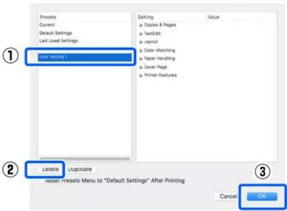 Presets Current Default Settings Last Used Settings User setting 1 Setting Value ► Copies & Pages ► TextEdit ► Layout ► Color Matching ► Paper Handling ► Cover Page ► Printer Features Delete Uuplicate Reset presets Menu to "Default Settings" After Printing Cancel OK