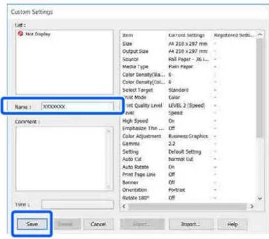 Custom Settings List: Not Display Name : XXXXXXX Comment : Save Cancel Import... Help Item Current Settings Relegtered Sett... Size A4 210 x 297 mm Output Size A4 210 x 297 mm Source Roll Paper - 36 L... Media Type Pain Paper Color Density(IIa...) 0 Color Density(Col...) 0 Select Target Standard Print Mode Color Int Quality Level LEVEL 2 (Speed) Level Speed High Speed On Emphasize The ... Off Color Adjustment Business Graphics Gamma 2.2 Setting Default Setting Auto Cut Normal Cut Auto Rotate On Print Page Line Off Banner Off Orientation Portrait Rotate 180° Off