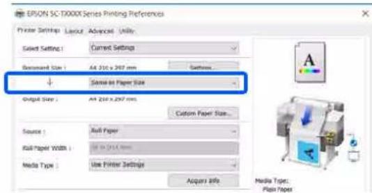 EPSON SC-TX000 Series Printing References Printer Settings Layout Advanced Utility Select Setting : Current Settings Diameter Size : Alt 250 x 250 mm Satire... ✓ Sense at Paper Size Output Size : Alt 250 x 250 mm Custom Paper Size... Source : Full Paper Full Paper Width : Alt 250 x 250 mm Media Type : Use Printer Settings Acquirer Info. Media Types: Plain Paper