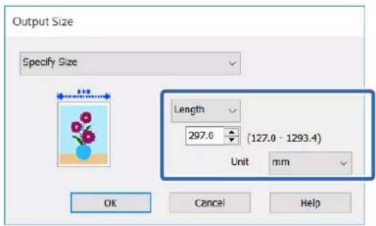 Output Size Specify Size Length 297.0 (127.0 - 1293.4) Unit mm OK Cancel Help