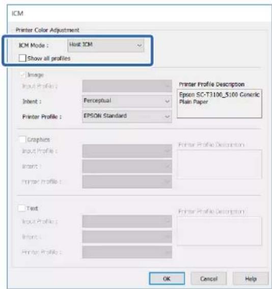 ICM Printer Color Adjustment ICM Mode : Host ICM Show all profiles Image Input Profile : Perceptual Inbent : EPSON Standard Printer Profile Description Epson SC-T3100_5100 Generic Plain Paper Graphics Input Profile : Printer Profile Description Inbent : Printer Profile : Text Input Profile : Printer Profile Description Inbent : Printer Profile : OK Cancel Help