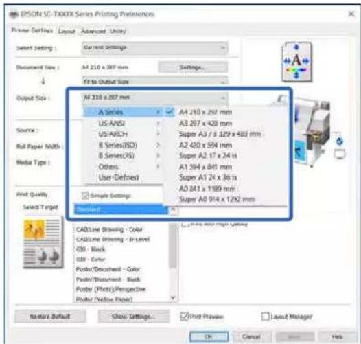 EPSON SC-TXXXX Series Printing Preferences Printer Settings | Layout | Advanced | Utility | Select setting : Current Settings Document Size : A4 210 x 297 mm Settings... Output Size : A4 230 x 287 mm A Series US-ANSI US-ARCH B Series(USD) B Series(US) Others User-Defined A4 210 x 297 mm A3 297 x 420 mm Super A3 / f 329 x 468 mm A2 420 x 594 mm Super A2.17 x 24 in A1 394 x 841 mm Super A1 24 x 36 in A0 841 x 1189 mm Super A0 914 x 1292 mm First Quality Select Target CAD/Line Drawing - Color CAD/Line Drawing - In Level C0 - Black S0 - Color Poster Document - Color Poster Document - Black Poster (Photo)/Perspective Poster (Yellow Paper) New! Default Stop Settings... Print Preview Layout Manager OK Cancel Help