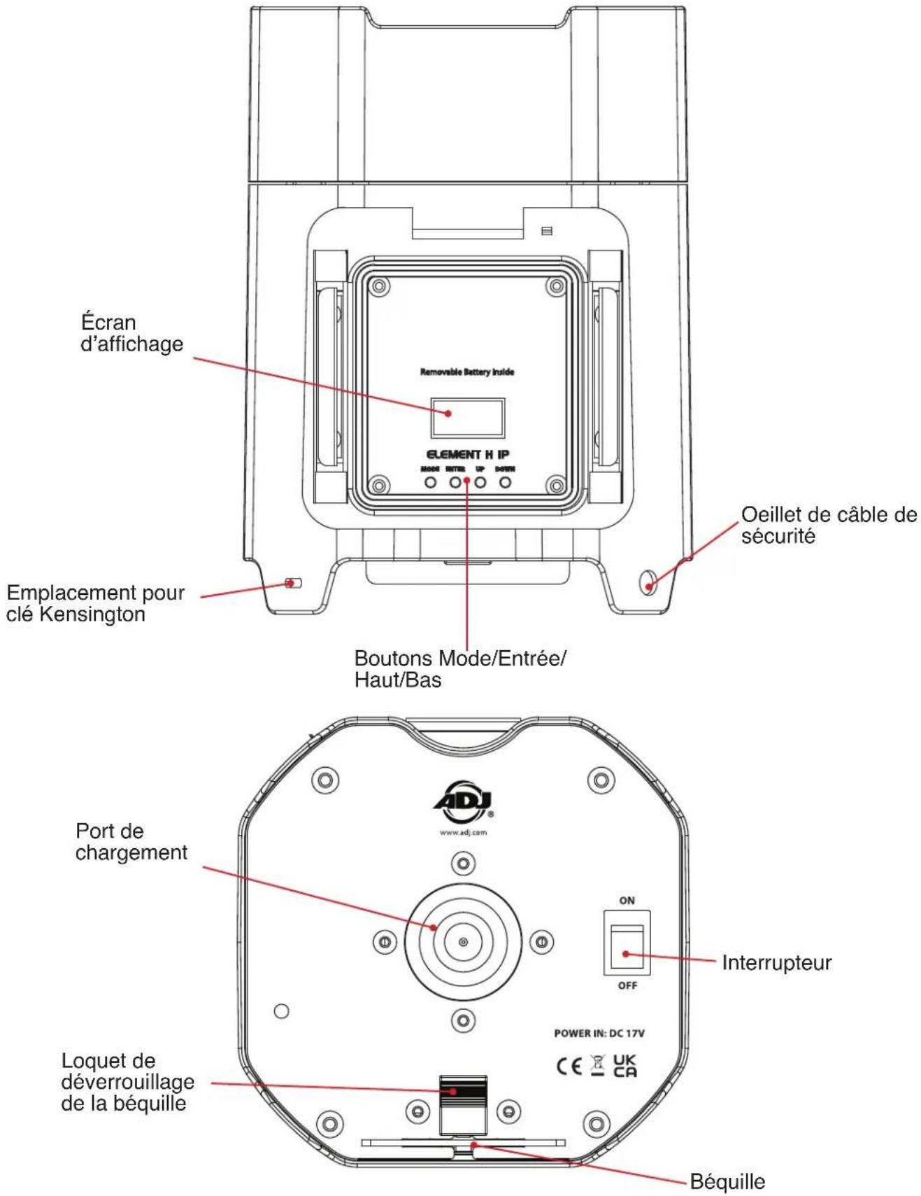 Écran d'affichage Removable Battery Inside ELEMENT H IP Oeillet de câble de sécurité Emplacement pour clé Kensington Boutons Mode/Entrée/Haut/Bas Port de chargement LOquet de déverrouillage de la béquille ON OFF Interrupteur POWER IN: DC 17V Béquille www.adj.com