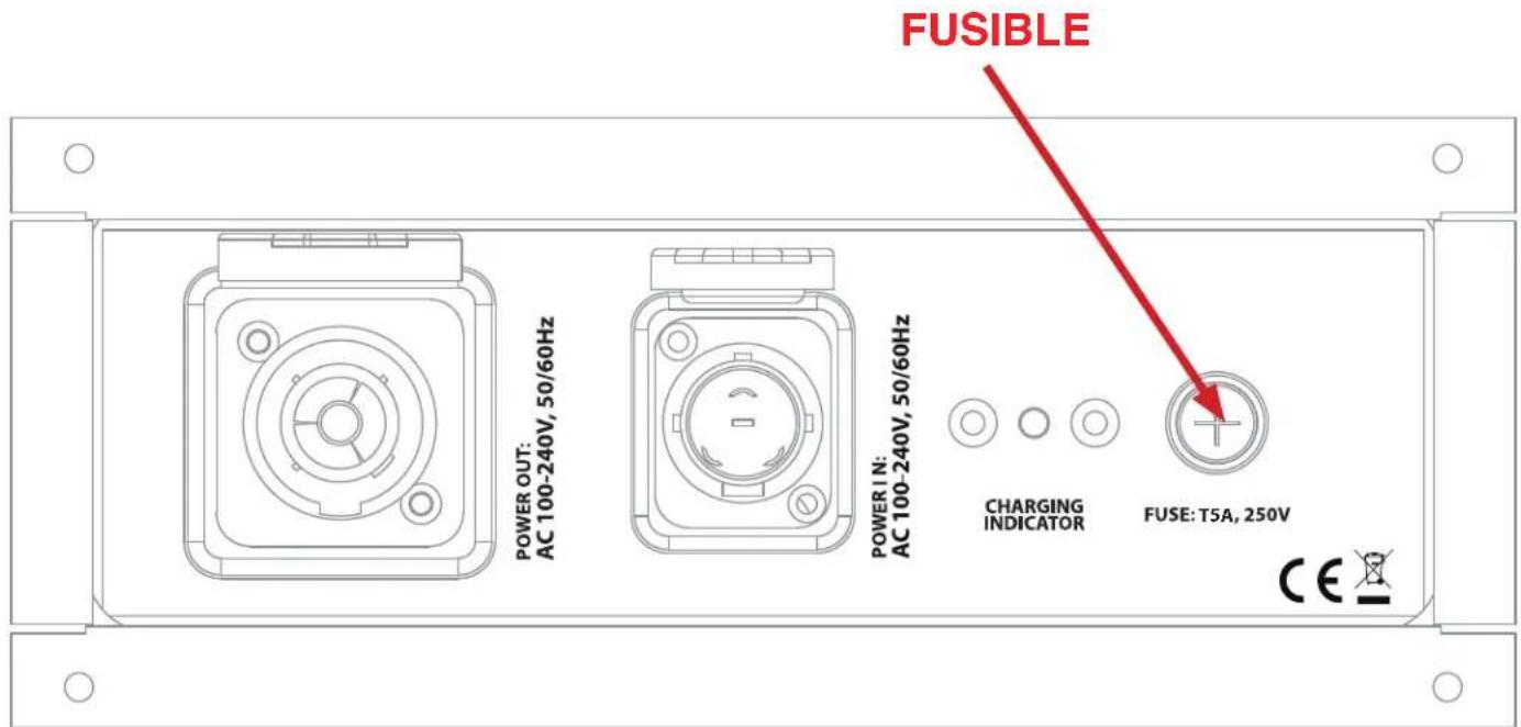 FUSIBLE POWER OUT: AC 100-240V, 50/60Hz POWER IN: AC 100-240V, 50/60Hz CHARGING INDICATOR FUSE: T5A, 250V CE