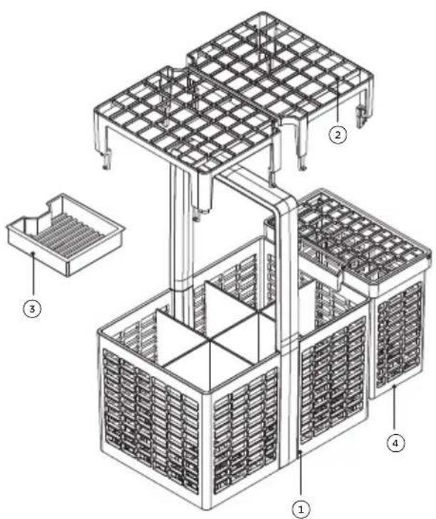 Technical diagram of a modular storage or processing unit with numbered components, showing internal structure and assembly details.