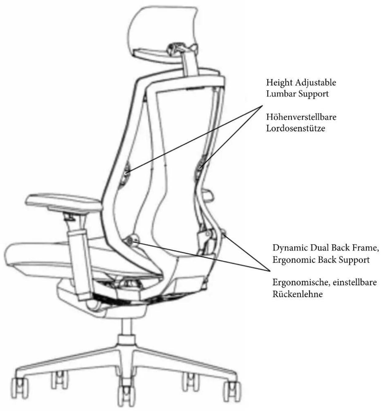 Height Adjustable Lumbar Support Höhenverstellbare Lordosenstütze Dynamic Dual Back Frame, Ergonomic Back Support Ergonomische, einstellbare Rückenlehne