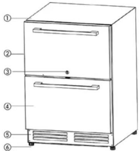 Diagram of a two-tier refrigerator with numbered labels pointing to each panel