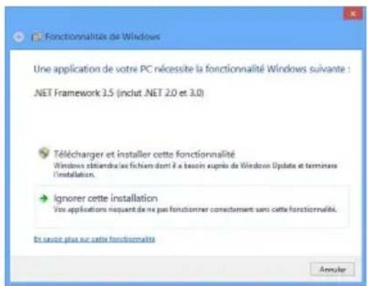 Fonctionnalité de Windows Une application de votre PC nécessite la fonctionnalité Windows suivante : .NET Framework 3.5 (inclut .NET 2.0 et 3.0) Télécharger et installer cette fonctionnalité Windows obtiendra les fichiens dont il a besoin auprès de Windows Update et terminant l'installation. Ignorer cette installation You applications risquent de ne pas fonctionner correctement sans cette fonctionnalité. To secur plus sur cette fonctionnalité Annuler