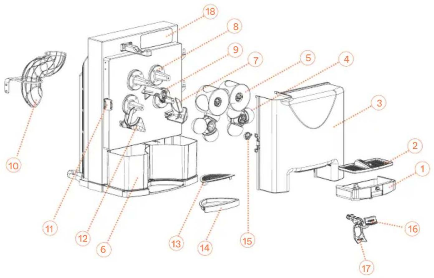 Exploded view diagram of a machine with numbered parts for identification