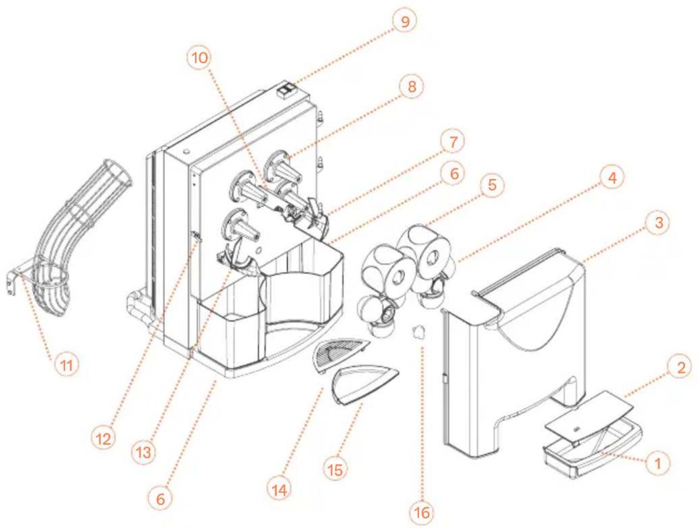 Exploded view diagram of a refrigerator internal components with numbered labels