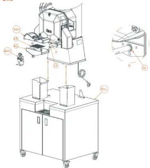 Technical diagram of a machine assembly with labeled parts and exploded view, including zoomed-in views and component labels.