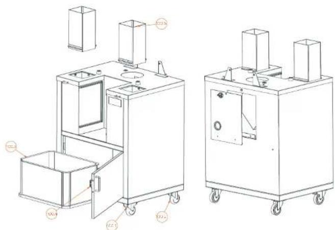 Technical line drawing of two industrial machines with labeled components and dimensions