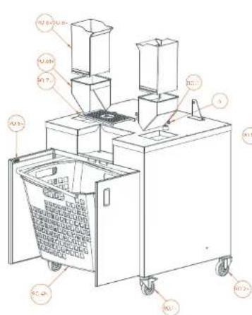 Technical diagram of a mechanical device with labeled components in Chinese, including wheels, bins, and control panels.