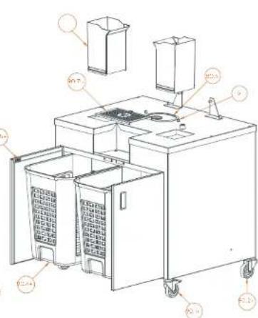 Technical diagram of a commercial kitchen or processing unit with labeled components and internal compartments