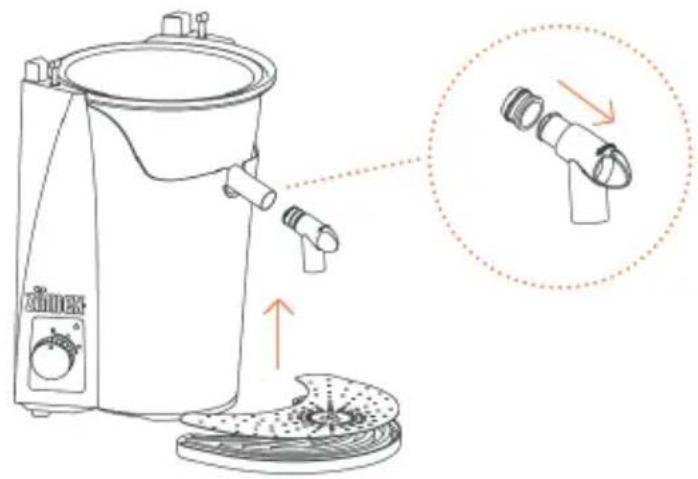 Technical diagram of a kitchen mixer with labeled components and a magnified view showing the handle mechanism.
