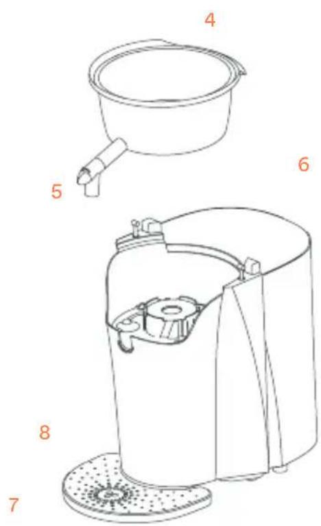 Technical diagram of a water heater with labeled parts 4 through 8