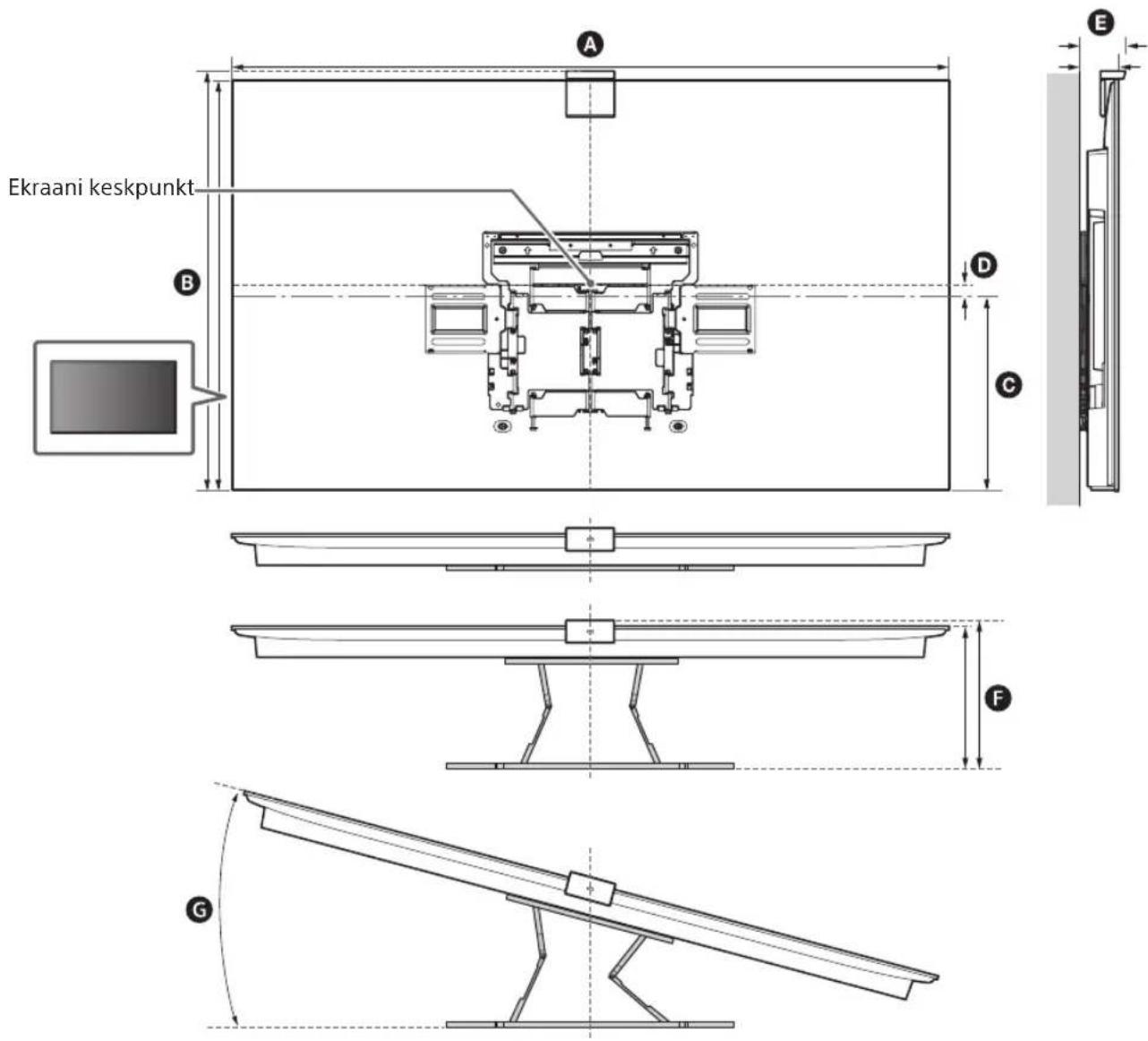 SONY XR77A80L - Seinale paigaldamise kinnituse seinale paigaldamise möötmed - 1