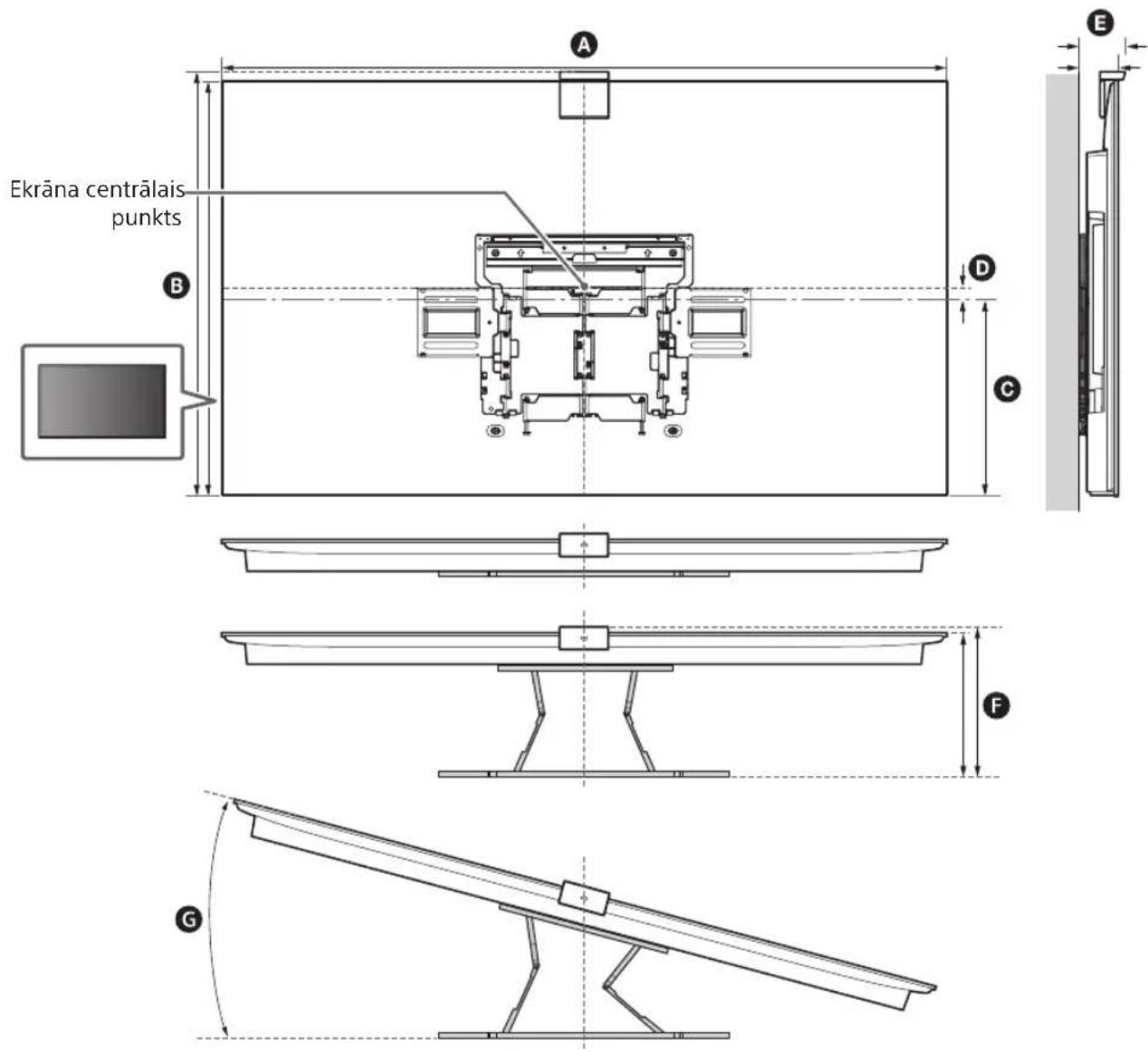 SONY XR77A80L - Kronšteina montāžai pie sienas uzstādīšanas izmēri - 1