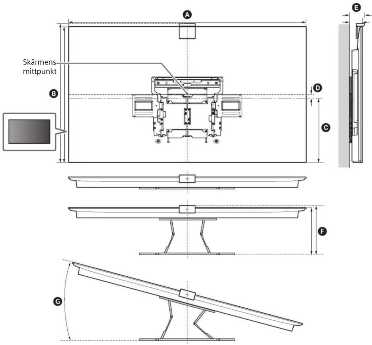 SONY XR77A80L - Mått för montering av väggfäste på väggen - 1