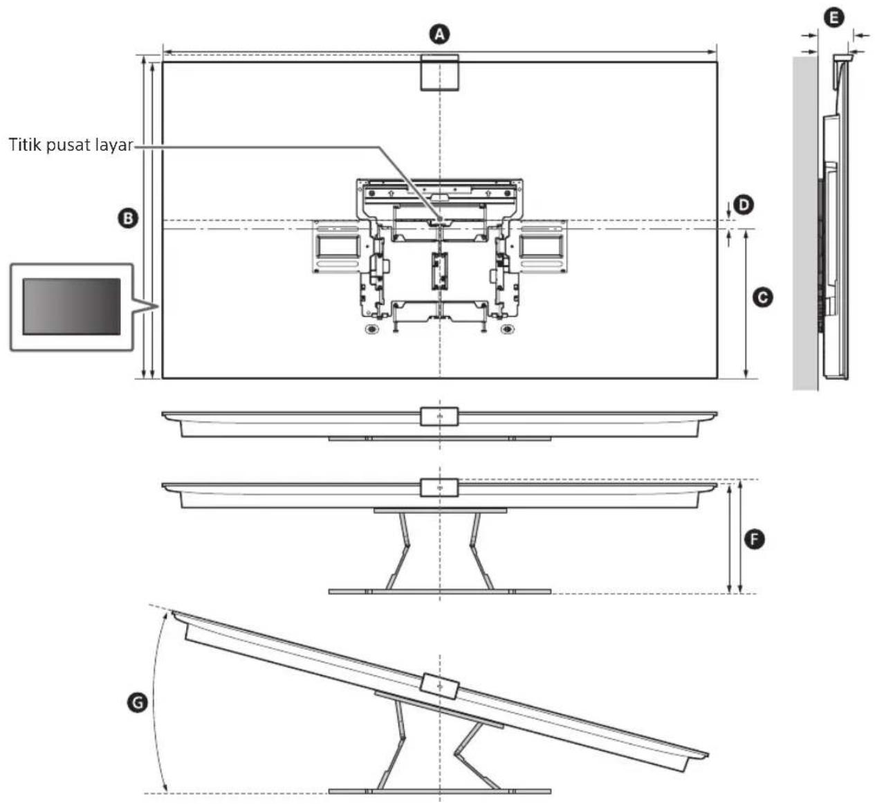 SONY XR77A80L - Pengukuran untuk pemasangan Braket Penyangga Dinding di dinding - 1