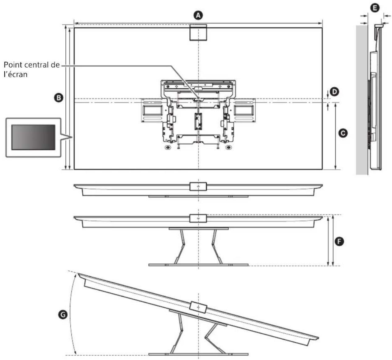 SONY XR77A80L - Mesures pour l'installation d'un support de fixation murale sur le mur - 1