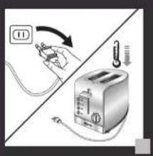 Diagram showing a power plug connecting to a toaster with a close-up view of the device's cable and plug.