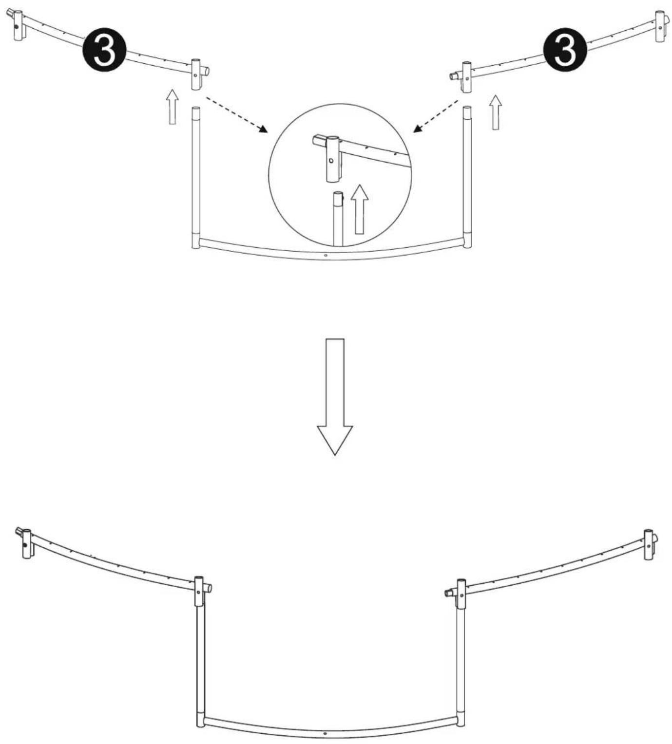 Diagram illustrating a structural change under load, showing three supports with numbered labels and directional arrows.