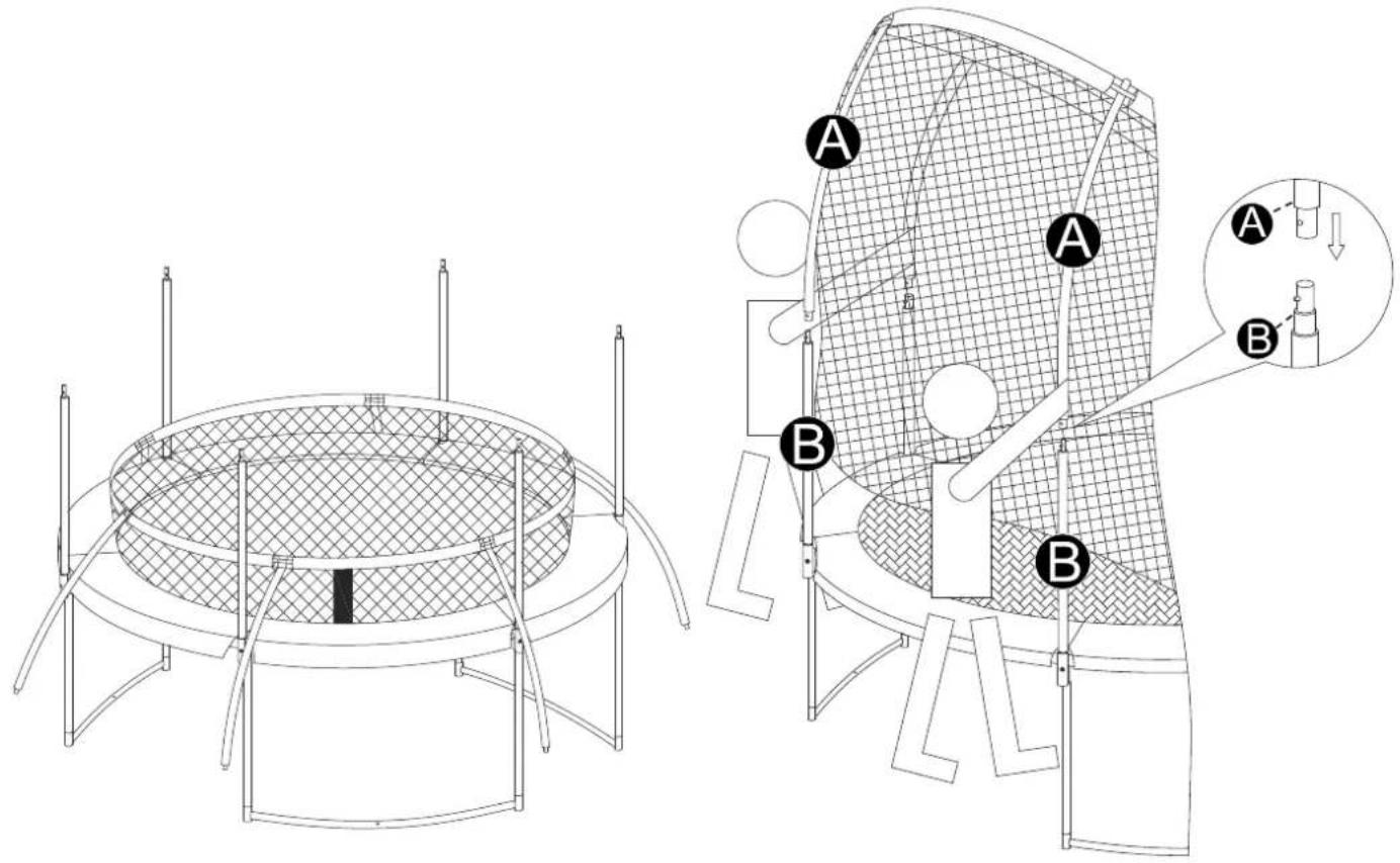 Technical diagram showing two mechanical components with labeled parts A and B, including a circular base structure and a grid-patterned chamber.