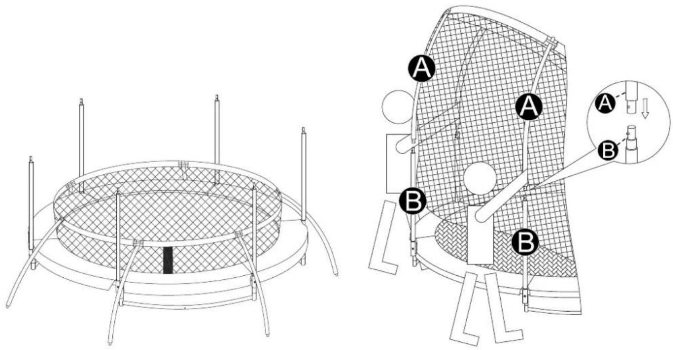 Technical diagram of a circular device with labeled components A and B, showing internal structure and assembly details.