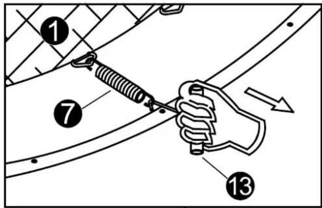 Diagram showing a hand holding a spring with numbered annotations and directional arrow, likely illustrating a mechanical or electrical procedure.