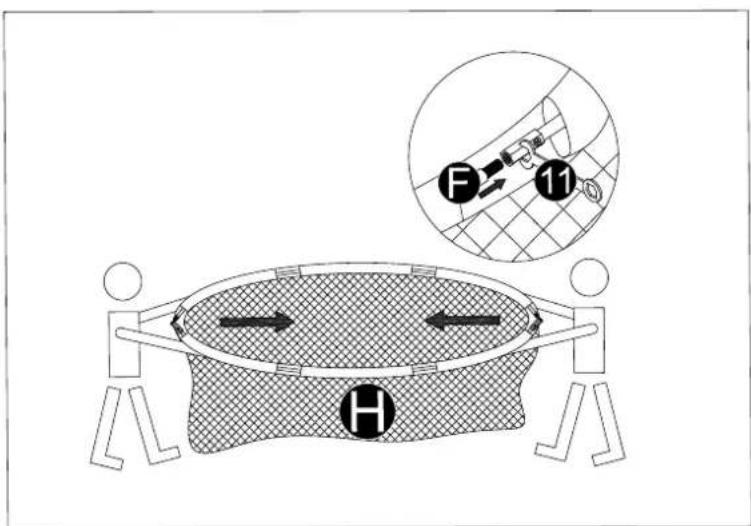 Diagram illustrating a mechanical or physical setup with labeled components H and F, showing directional arrows and a magnified inset of a meshed structure.