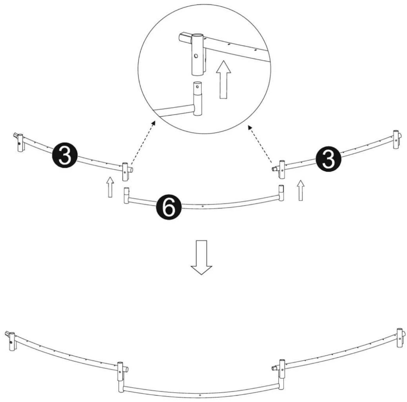 Diagram illustrating a cable or suspension mechanism with numbered components and directional arrows, including a magnified inset showing the assembly process.
