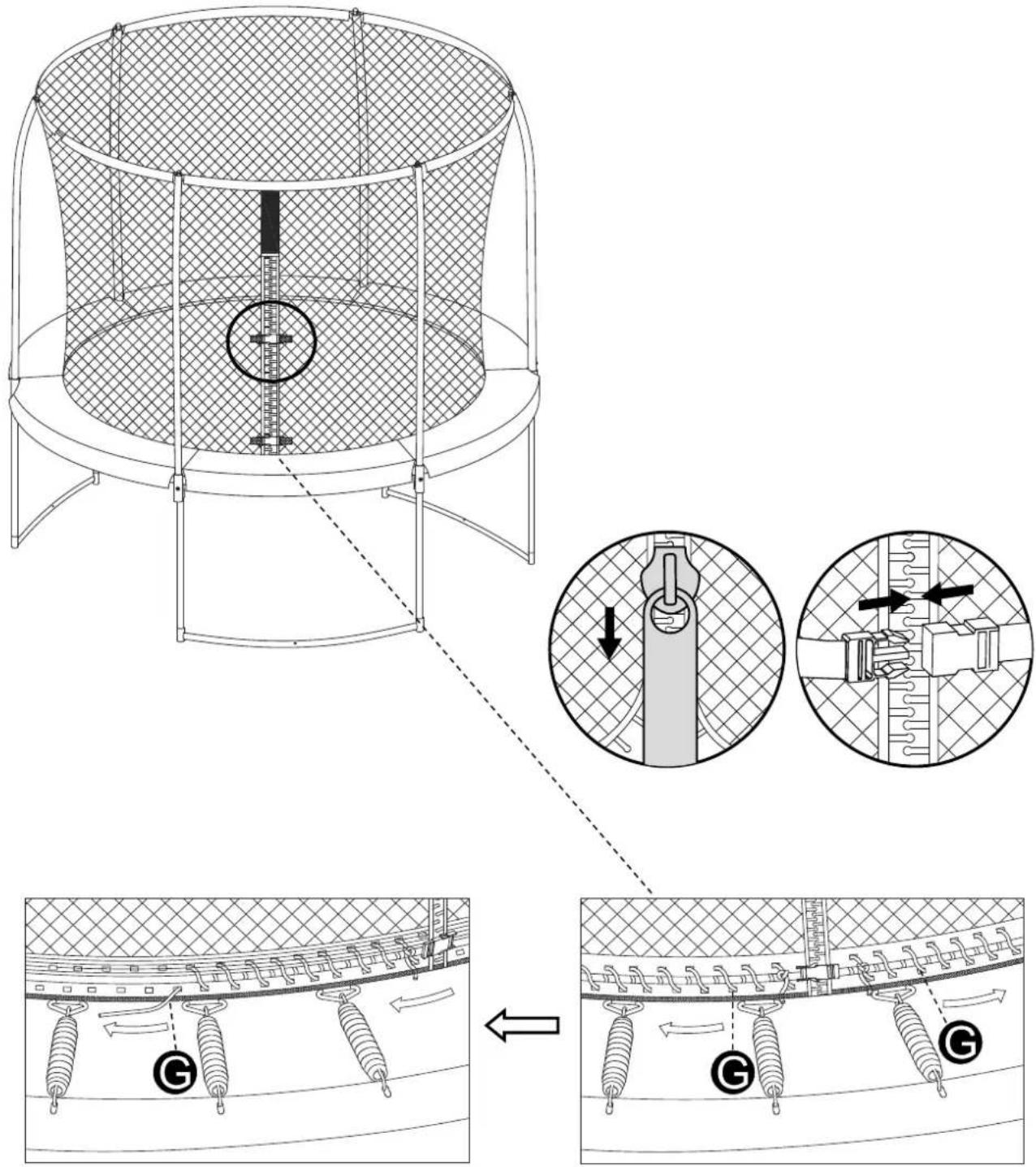Technical diagram illustrating a mechanical device with labeled components and directional arrows, including zoomed-in views and assembly instructions.