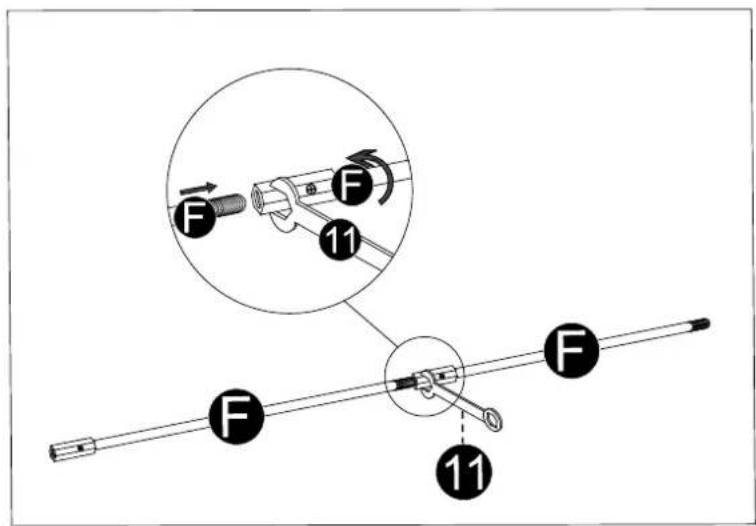 Diagram illustrating mechanical assembly with labeled parts F and numbered annotations 11, showing a lever mechanism and circular motion view.
