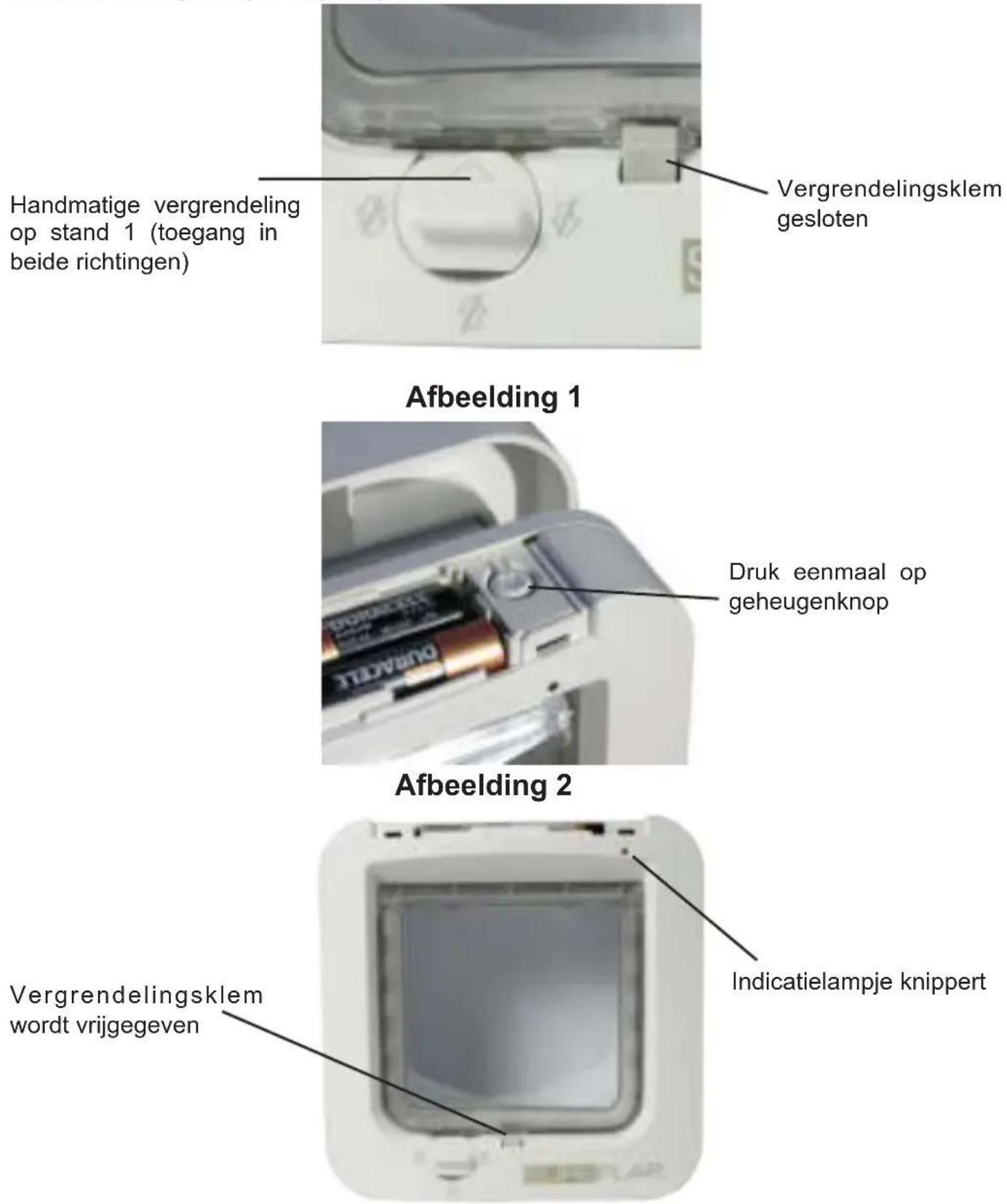 Handmatige vergrendeling op stand 1 (toegang in beide richtingen) Vergrendelingsklem gesloten Afbeelding 1 Druk eenmaal op geheugenknop Afbeelding 2 Vergrendelingsklem wordt vrijgegeven Indicatielampje knippert