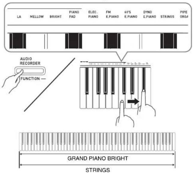 CASIO Privia PXA800BN - Tout en tenant le bouton FUNCTION enfoncé, appuyez sur la touche de clavier correspondant à la première sonorité que vous voulez superposer puis sur la touche correspondant à la seconde sonorité. - 1