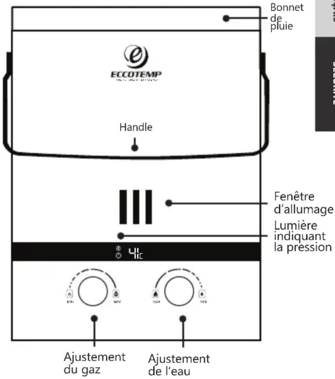 Bonnet de pluie ECCOTEMP Handle Fenêtre d'allumage Lumière indiquant la pression 41c Ajustement du gaz Ajustement de l'eau