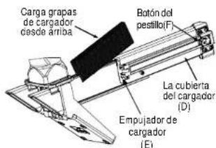 Carga grapas de cargador desde áriba Botón del pestillo(F) La cubierta del cargador (D) Empujador de cargador (E)