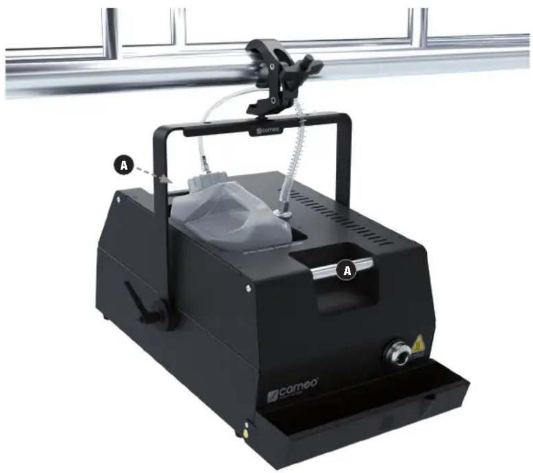 Black 3D printer with attached mechanical arm and labeled component 'A', no visible text or symbols on the device itself.