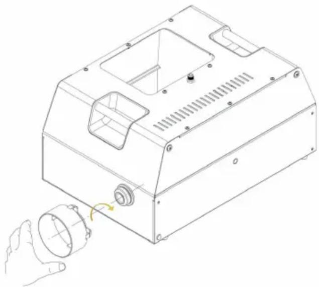 Line drawing of a mechanical device with a hand holding a cylindrical component (no text or symbols)